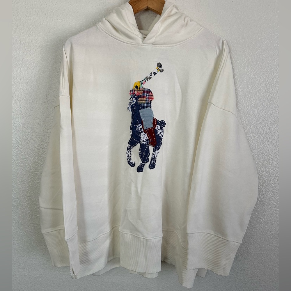Polo Ralph Lauren Patchwork Quilted Big Pony Logo Fleece Hoodie Women Size XS/S